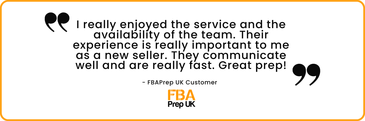 FBA Prep review from a customer that reads 'I really enjoyed the service and the availability of the team. Their experience is really important to me as a new seller. They communicate well and are really fast. Great prep !