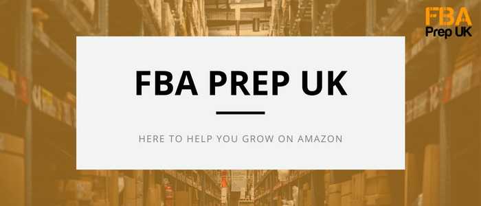The graphic is of warehouse racking with an orange tint on, with a box in the centre with text reading 'FBA Prep UK, and ' Here to Help You Grow On Amazon' underneath it