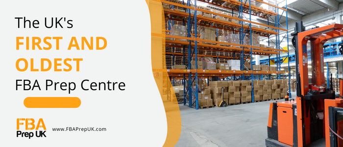 A graphic with text that reads 'The UK's First and Oldest FBA Prep Centre' with an orange button below reading 'Learn More'. An image of an orange forklift with warehouse racking features to the left of the graphic. The FBAPrep UK logo features at the bottom right of the page with the text reading 'www.fbaprepuk.com' sitting next to it